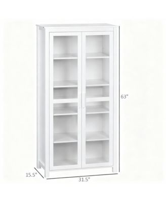 White 63" Kitchen Pantry Cabinet with 2 Glass Doors & 2 Adjustable Shelves