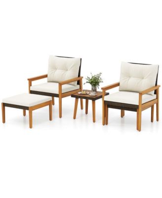 5 PCS Rattan Furniture Set Wood Frame Chairs & Ottomans with Square Coffee Table