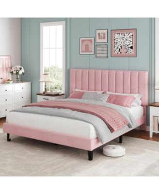 Queen Size Bed Frame with Adjustable Height Headboard, Velvet Upholstered Platform Bed with Vertical Channel Tufted Design