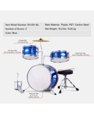 Kids Drum Set 3-Piece 14" Beginner Kit with Throne Pedal Sticks Blue