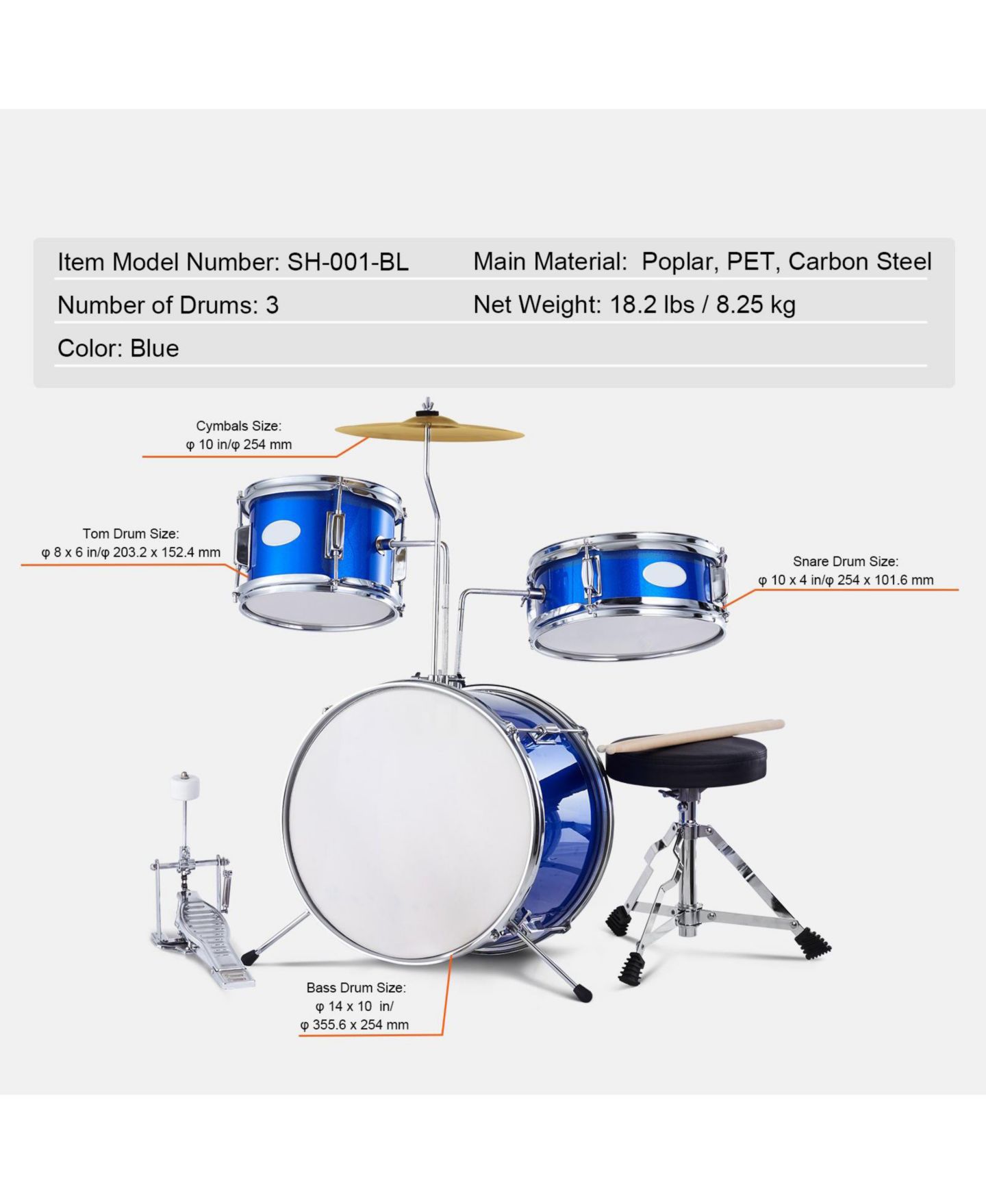 Детские игрушки SUGIFT Kids Beginner 3-Piece Drum Set, Ages 6-13, цвет: Синий — фото 4