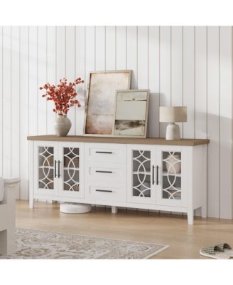 Farmhouse TV Stand with Glass Door for 70 Inch Tv, Mid Century Modern Entertainment Center for Living Room