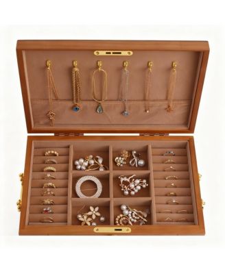 Wooden Jewelry Box with 2 Drawers, Lock & Key, Multiple Compartments