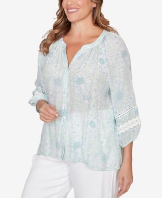 Plus Size Floral Silky Gauze Peasant Top