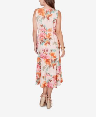 Plus Size Drawstring Waist Floral Linen Tiered Dress