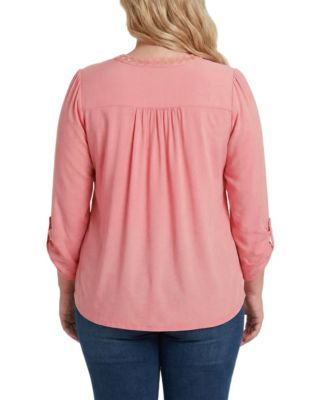 Plus Size Long-Sleeve Pleat Front Roll Tab Top