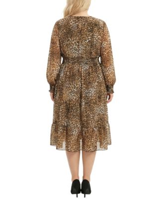 Plus Size Long-Sleeve Clip Dot Chiffon Dress with Smocked Waist and Cuffs