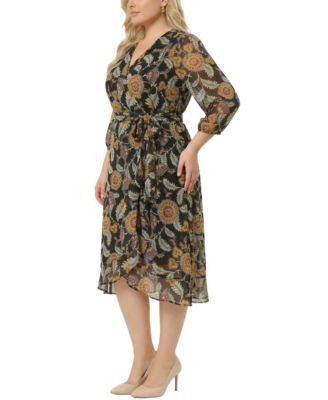 Plus Size 3/4 Sleeve V Neck Belted Chiffon Dress