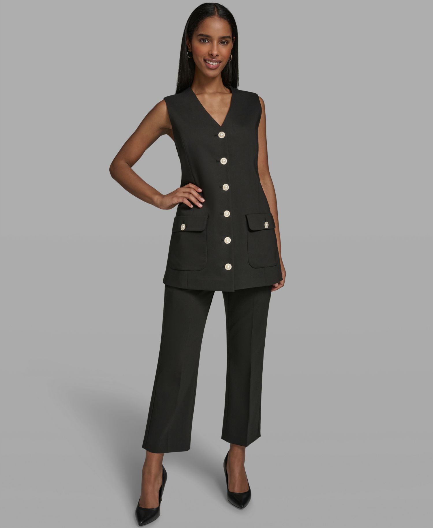 Women's V-Neck Woven Vest and Ankle Pants