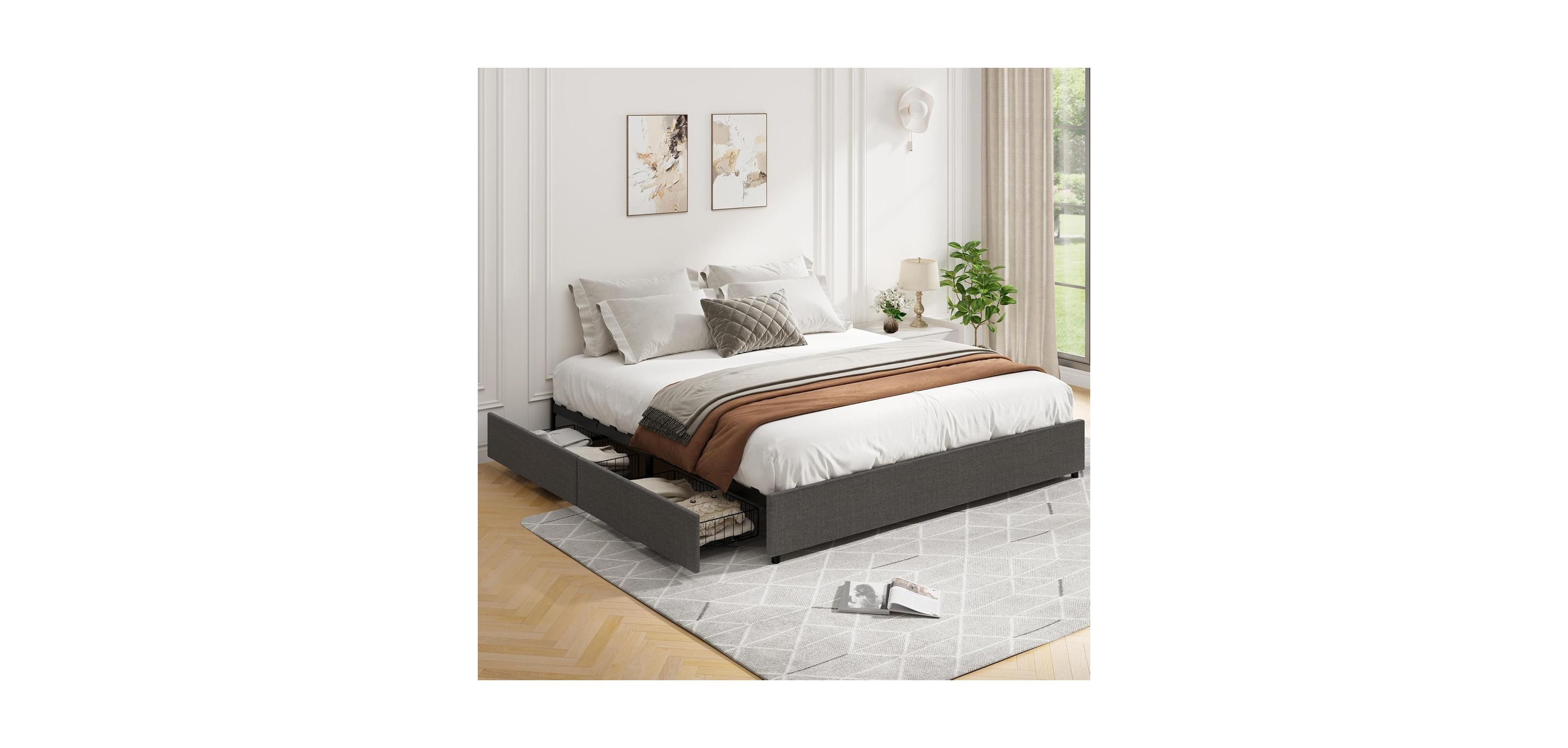 Gaomon Platform Bed Frame, Fabric Upholstered with 4 Storage Drawers, No Box Spring Needed, Wooden Slats Support, Noise Free
