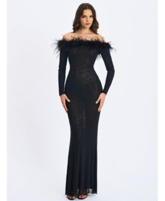 Women's Emberly Fur Trimmed Off-Shoulder Rhinestone Mermaid Maxi Dress