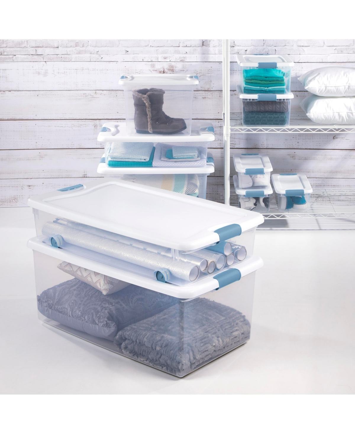 Sterilite 106 Qt Clear Plastic Stackable Storage Bin w/ White Latch Lid, 12 Pack