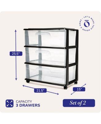 Tall Solid Plastic 3 Drawer Medium Storage Cart with Wheels, Black (2 Pack)
