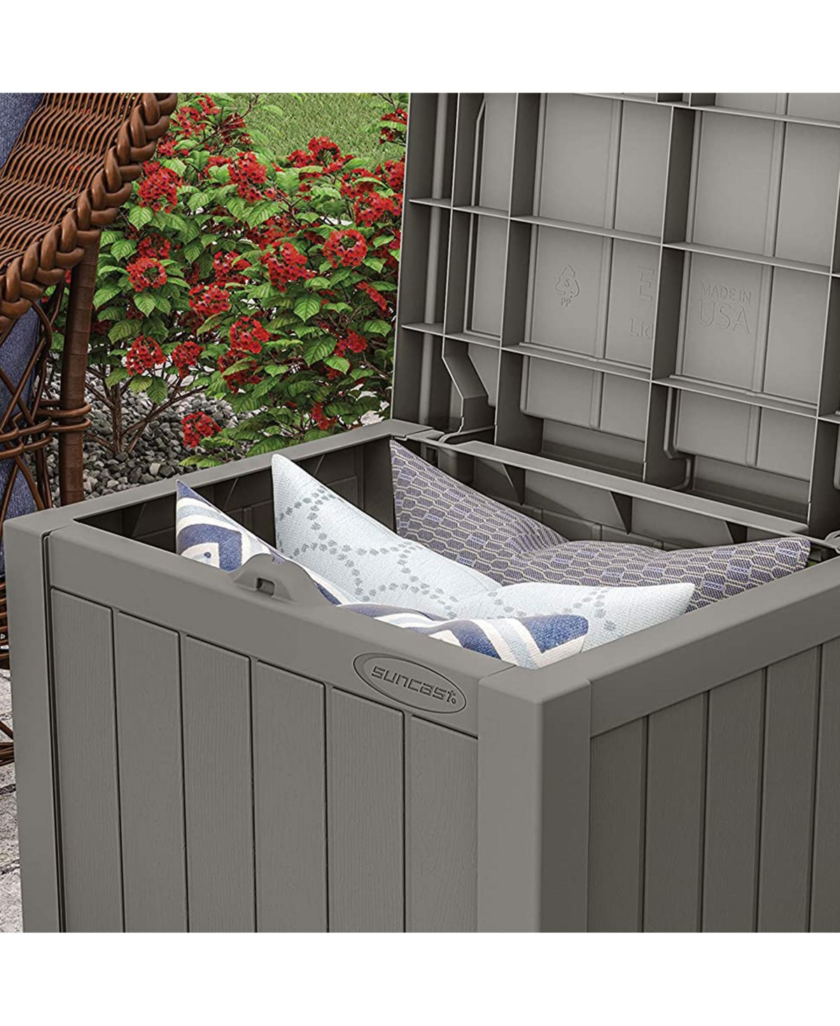 Suncast 22 Gallon Outdoor Patio Small Deck Chest Box with Storage Seat, Stone