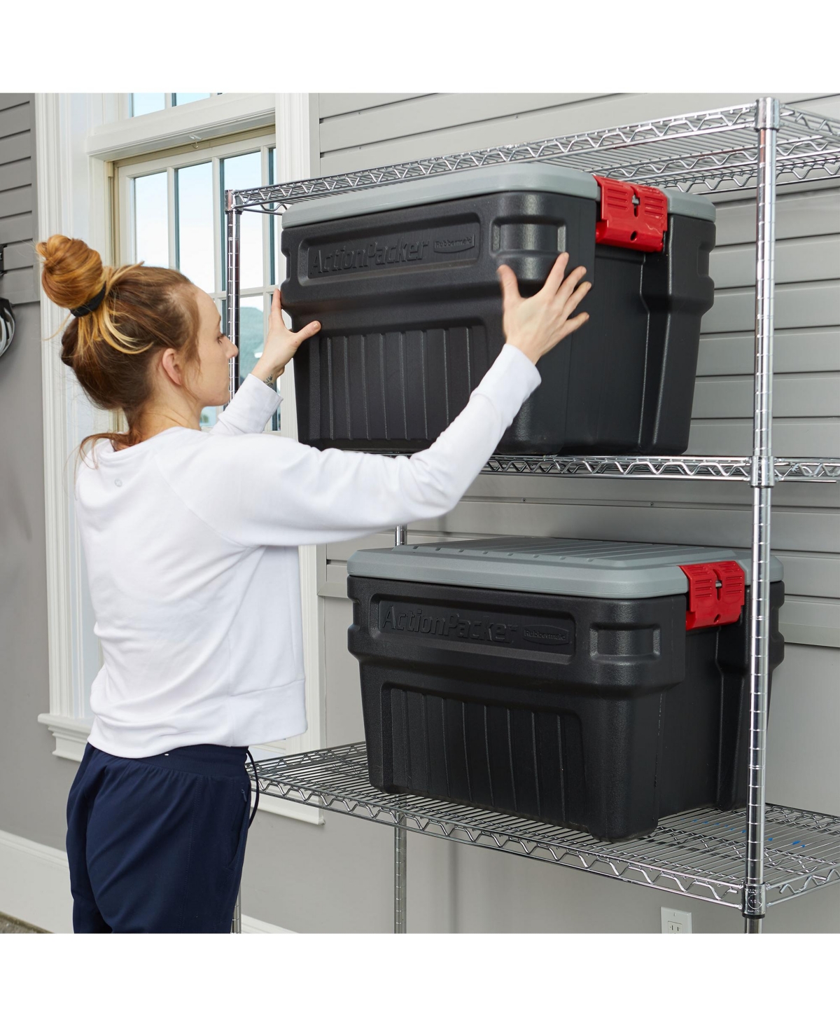 Rubbermaid 24 Gal Action Packer Lockable Latch Storage Container, Black (2 Pack)