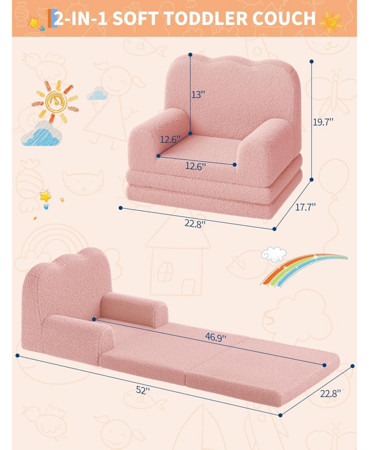 gaomon Kids Couch, 2-in-1 Comfy Toddler Couch Fold Out, Convertible Sofa to Lounger Foam Kids Chair with Soft Sherpa