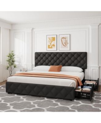 King Size Bed Frame with 4 Storage Drawers, Linen Upholstered Platform Bed Frame with Adjustable Headboard
