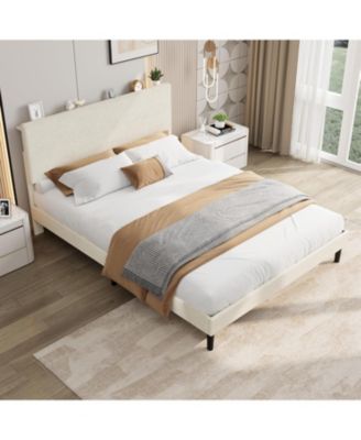 Queen Bed Frame with Charging Station, Corduroy Upholstered Platform Bed with Headboard Shelf, Wooden Slats, Noise Free, Easy Assembly