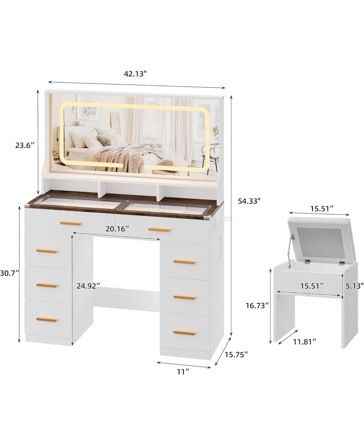 gaomon 42" Led Makeup Vanity Desk with Large Mirror, 8 Drawers & Charging Station, Modern Dressing Table Glass Top, Storage Stool