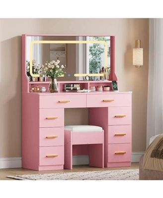 42" LED Makeup Vanity Desk with Large Mirror, 8 Drawers & Charging Station, Modern Dressing Table with Glass Top, Storage Stool