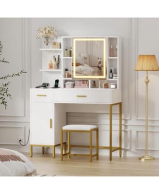 Vanity Desk with Lighted Mirror and Power Outlet - Makeup Table with 2 Drawers - 9 Open Shelves and 2 Cabinets