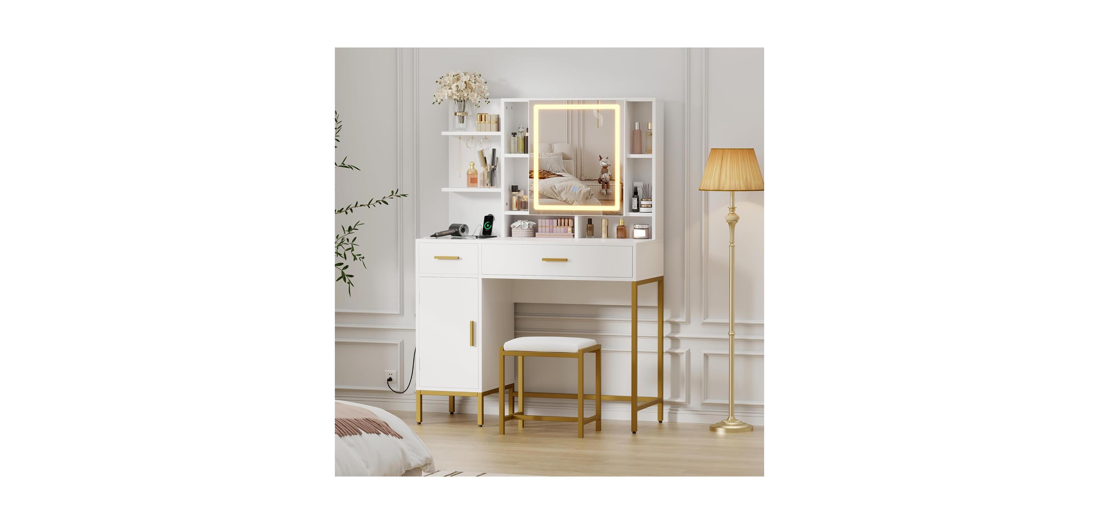 gaomon Vanity Desk with Lighted Mirror and Power Outlet