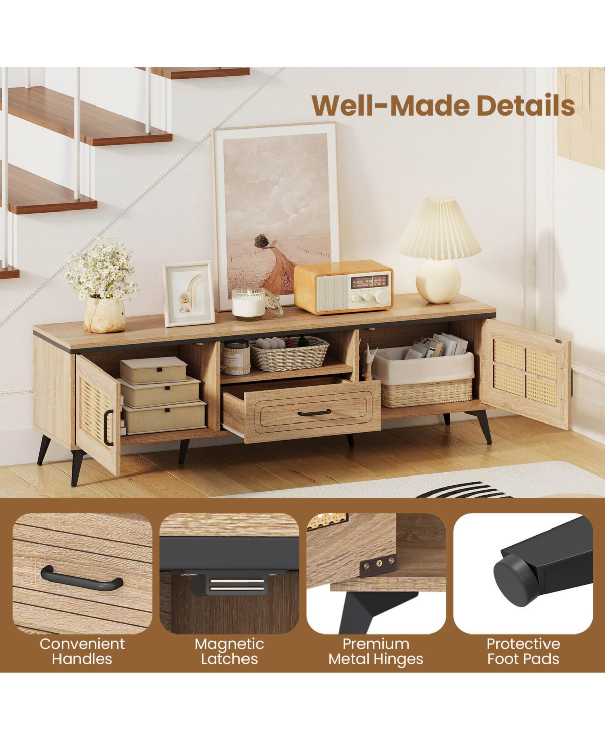 Boho Tv Stand for 65 Inch TVs Modern Entertainment Center with Drawer 2 Storage