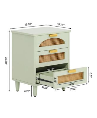 Rattan Nightstand, Mint Green 3-Drawer Bedside Table, Wooden End Table for Bedroom, Living Room