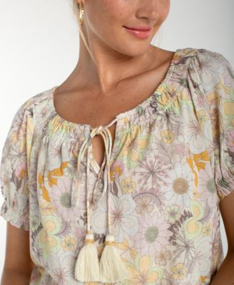 Women's Short-Sleeve Tie Neck Woven Blouse