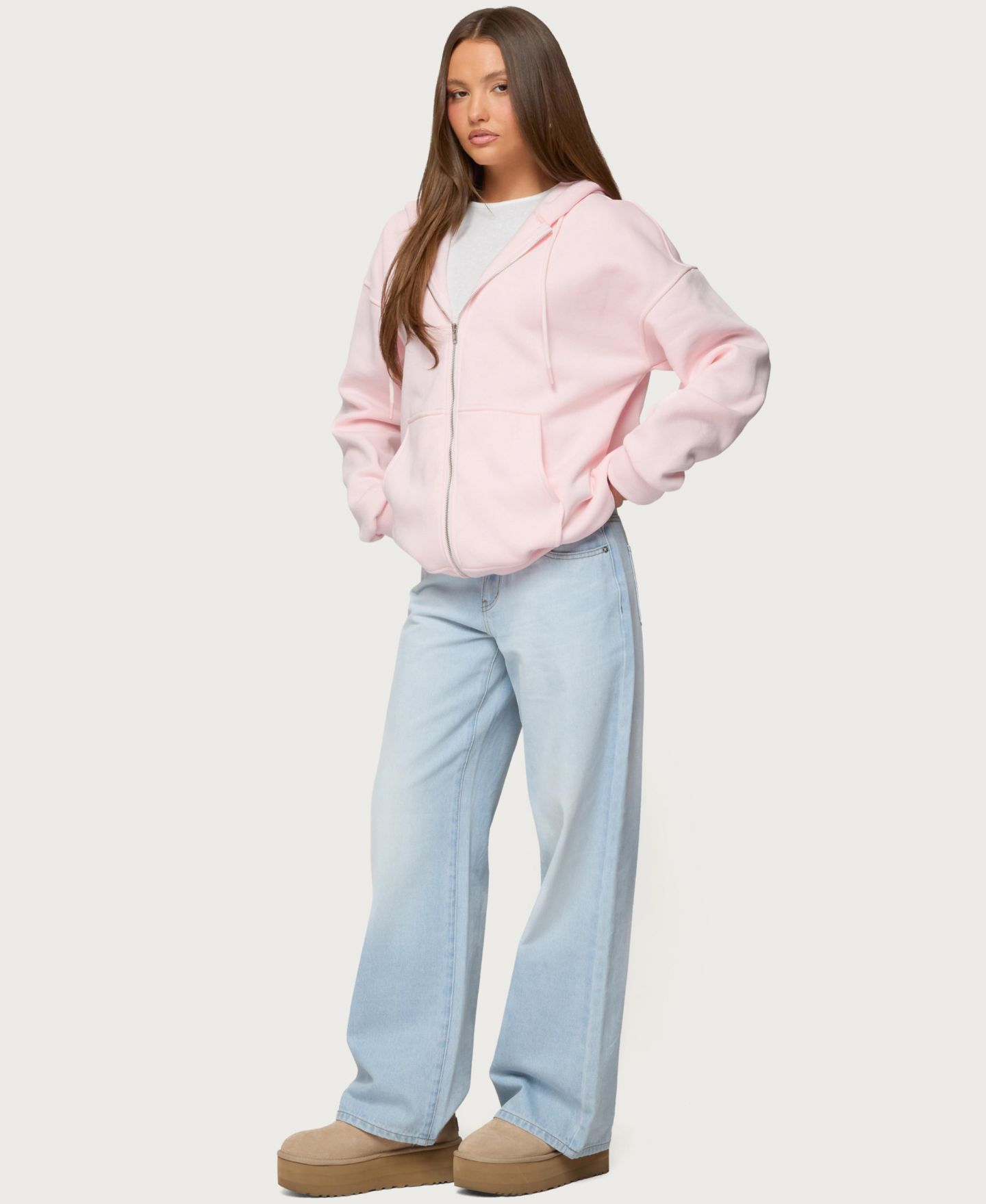 Женское худи Edikted Rocia Oversized Zip Up, цвет: Светлый розовый — фото 3