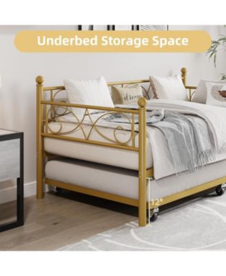 Twin Size Metal Daybed Frame with Trundle Heavy Duty Metal Slats, Mattress Foundation Platform Sofa Bed with Headboard for Bedroom