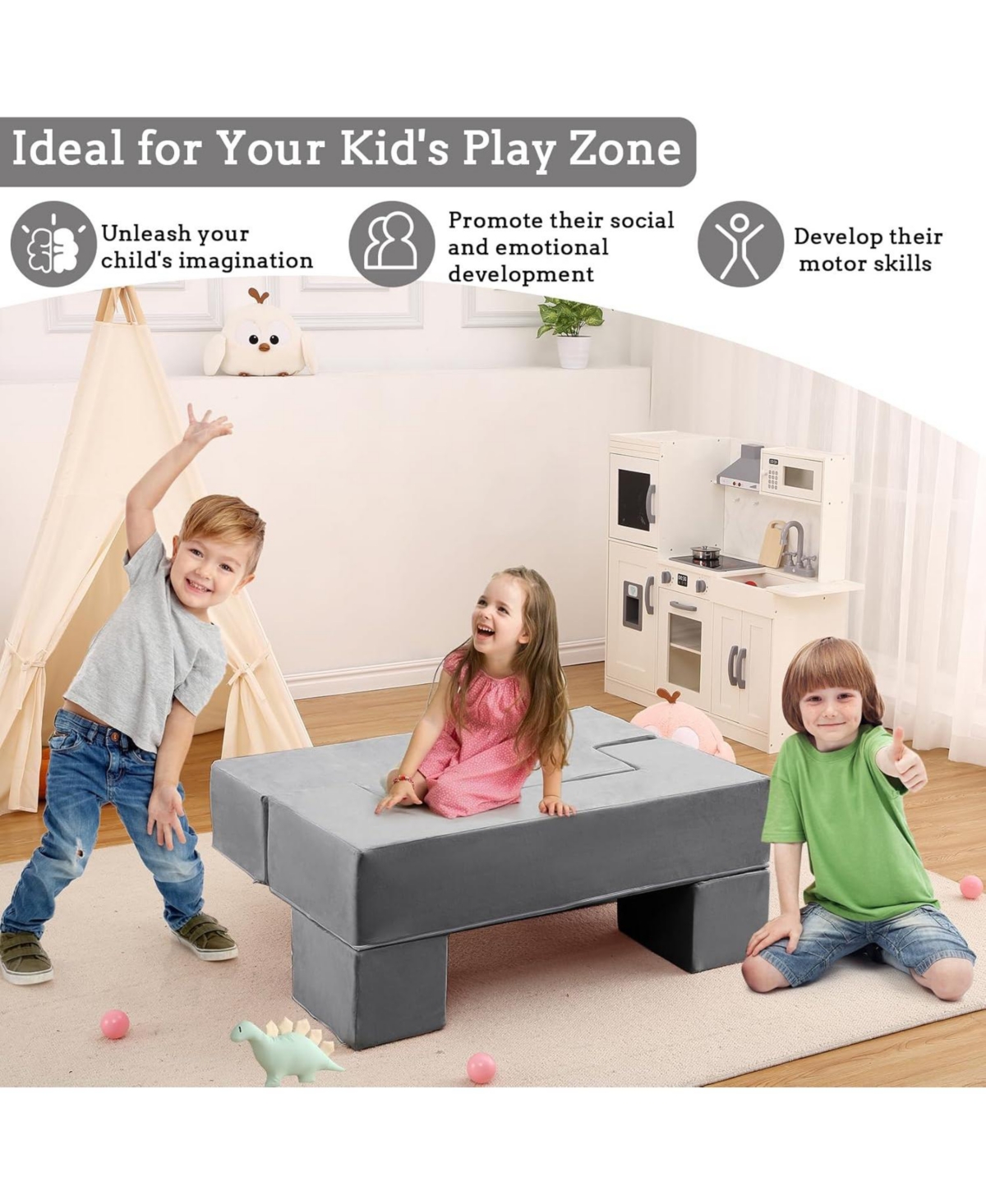 Gaomon Modular Kids Couch Sofa for Toddlers and Kid's Foam Play Couch Convertible Soft Kids Sofa Set with Detachable Cushions