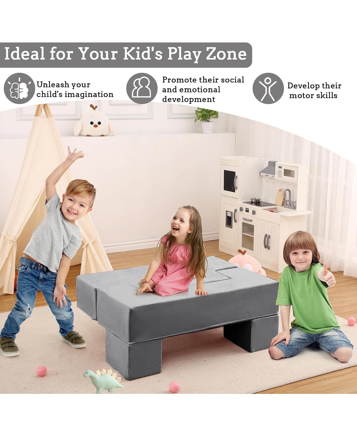 Modular Kids Couch Sofa for Toddlers and Kid's Foam Play Couch Convertible Soft Kids Sofa Set with Detachable Cushions