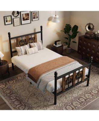 Twin Size Bed Frame with Headboard and Footboard, Metal Twin Bed Frame w/Vintage Circular Design & Storage Space Under Bed, Easy Assembly