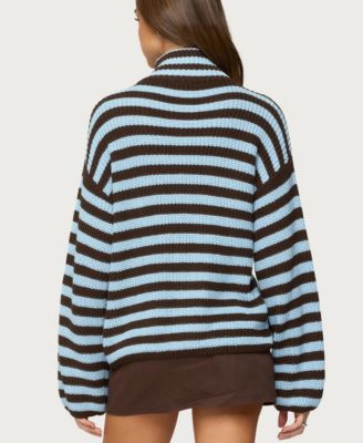 Women's High Neck Striped Zip Up Sweater