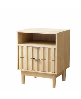 Fluted Pattern Modern Nightstand with 2 Drawers & Open Shelf