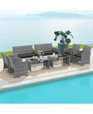 8 Piece Patio Furniture Set Outdoor Wicker Conversation Set w/ Tempered Glass Coffee Table
