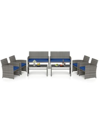 8 Piece Patio Furniture Set Outdoor Wicker Conversation Set w/ Tempered Glass Coffee Table