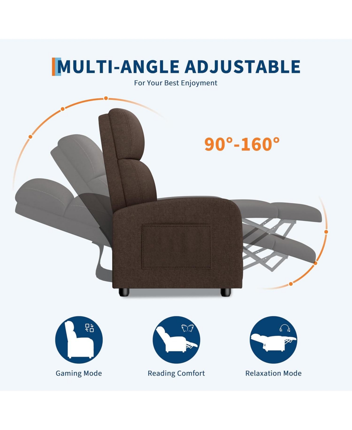 gaomon linen fabric manual recliner chair with side pocket, high backrest