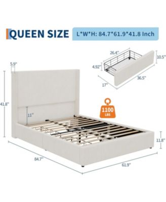 queen size upholstered platform bed frame with storage drawers, wingback design, tufted headboard and footboard
