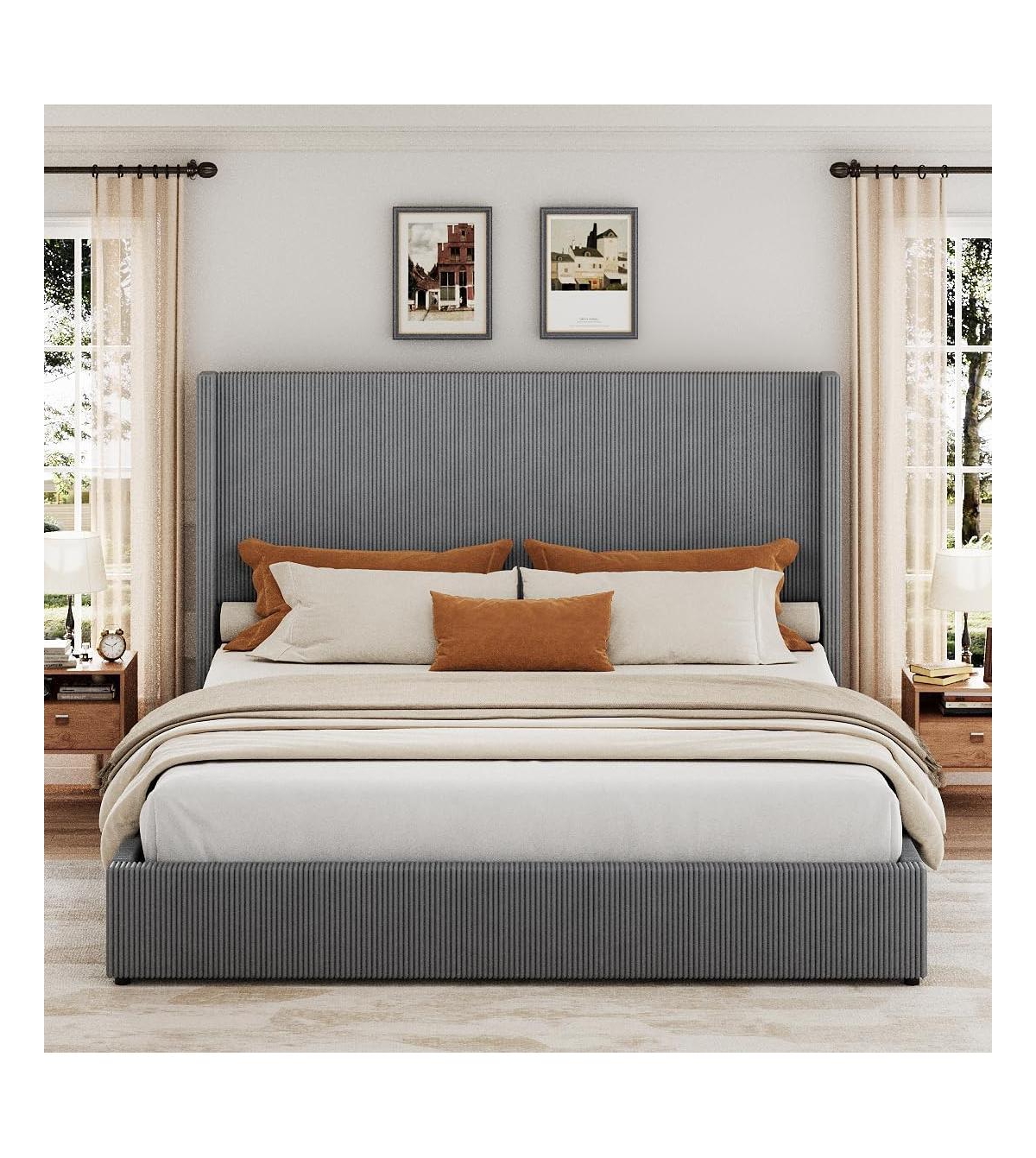 gaomon Upholstered Platform Bed Frame with Storage Drawers, Corduroy Wingback with Tufted Headboard and Footboard, No Box Spring Needed.