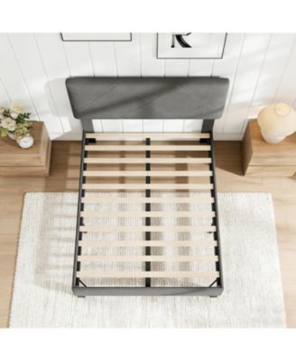 twin size upholstered platform bed frame with headboard, wooden slat support and noise-free easy assembly design