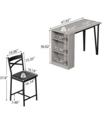 Bar Table Set of 2 with Storage Shelves, Extendable Dining Table with 2 Cushioned Chairs, 3 Piece Counter Height Set for Kitchen