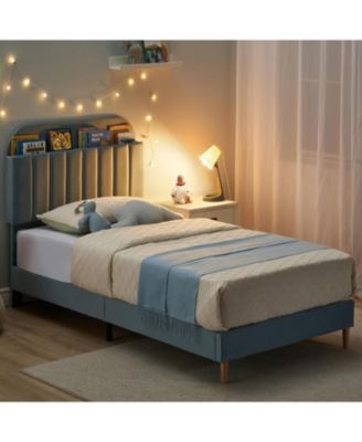 2PCS Twin Upholstered Platform Bed Frames with Bookcase Headboard,Velvet Mattress Foundation,Heavy Duty Steel Support Legs,Easy Assembly