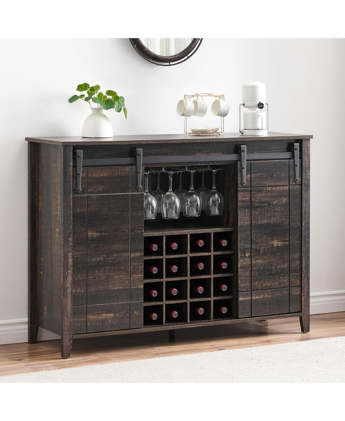 gaomon 47 Inch Wine Bar Cabinet with Sliding Barn Door Buffet Sideboard Cabinet with 16 Bottle Wine Rack
