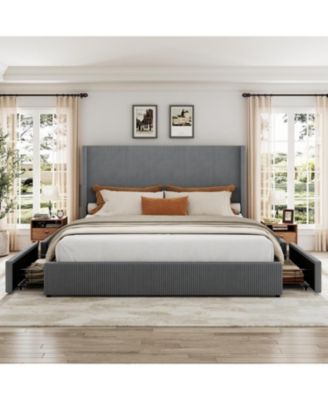 Queen Size Bed Frame with Storage Drawers, Corduroy Upholstered Platform Bed with Wingback, Tufted Headboard and Footboard