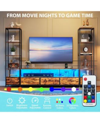 TV Entertainment Center with Storage, 5 Fabric Drawer, 2 Bookshelf, TV Console with Shelf