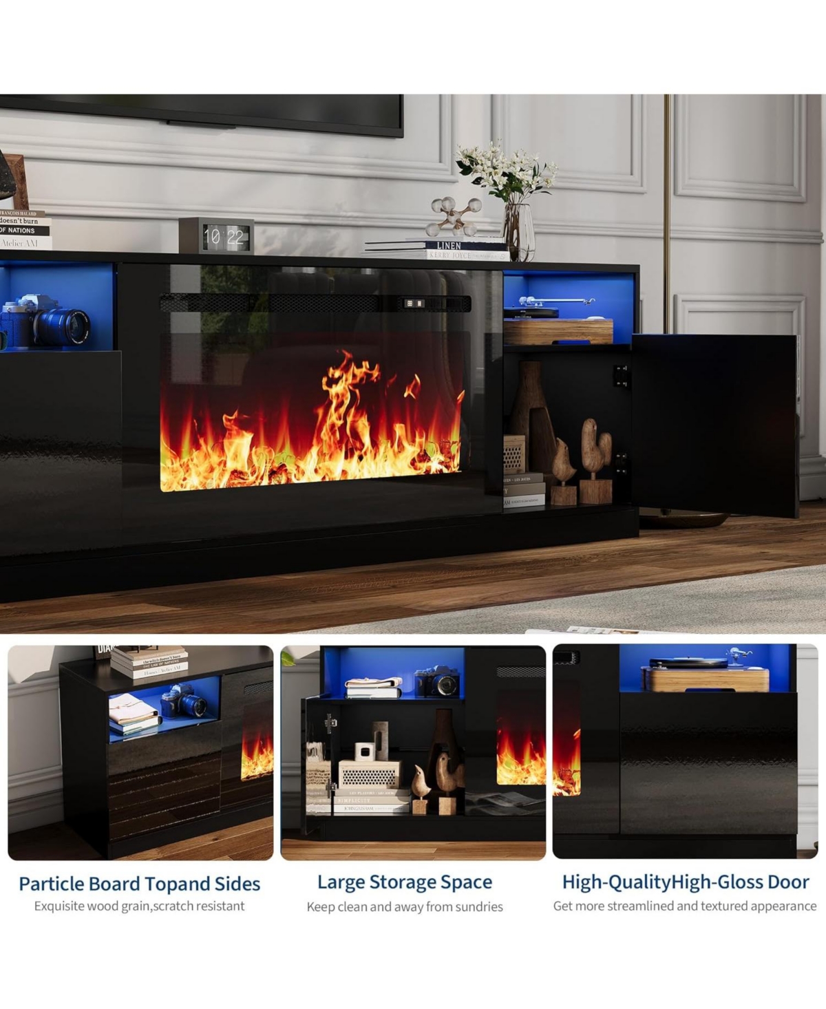 Gaomon 70" Fireplace Tv Stand with 36" Electric Fireplace & Storage Cabinet 2 Tier Entertainment Center, Fireplace Heater with 12 Frame & Le