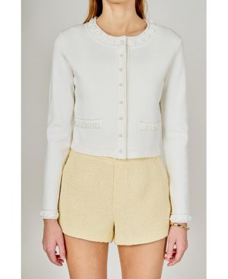Women's Flower and Pearl Trim Knit Cardigan