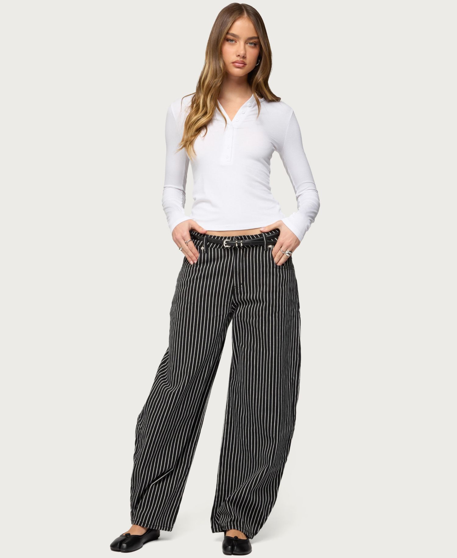 Women's Pinstripe Low Rise Barrel Leg Jeans